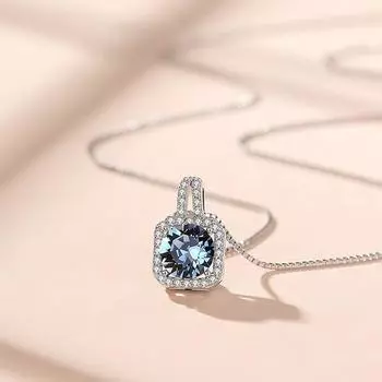 Новое 100% стерлинговое серебро S925 модное индивидуальное синее квадратное ожерелье с подвеской из гипсофилы и бриллиантов, цепочка на ключицу для женщин