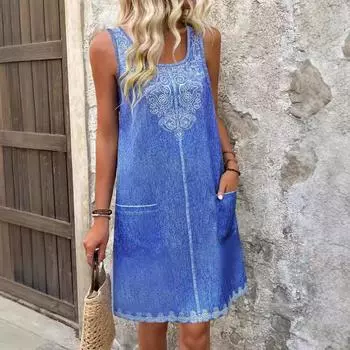 Новое 20245 женское платье свободного кроя без рукавов с U-образным вырезом S синий