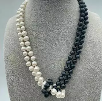 Новое 2-рядное ожерелье с жемчугом Акойя, 7-8 мм, белое и черное
