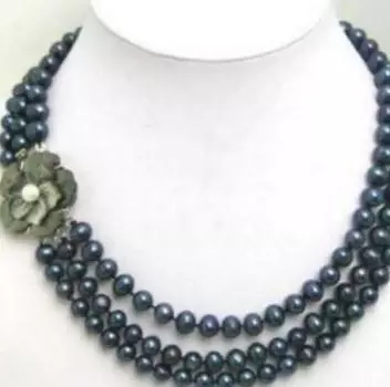 Новое 3-рядное ожерелье с черным жемчугом 6-7 мм с застежкой Flwoer