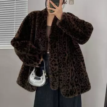 Новое экологически чистое меховое женское леопардовое пушистое пальто с дизайнерским смыслом осень-зима ретро мода ленивое пальто average size цветной печати леопарда