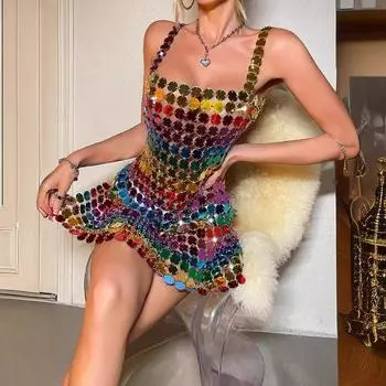 Новое акриловое зеркальное платье ручной работы сексуальное с открытой спиной XS разноцветный