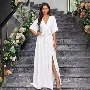 Новое элегантное белое платье с V-образным вырезом и разрезом посередине на бретелях для женщин на весну и лето 0XL белый