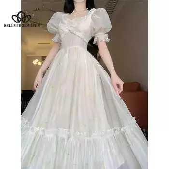 Новое элегантное длинное платье во французском стиле, высококачественная текстура, нежное длинное платье с рукавами-пузырьками, сплошное цветное длинное платье с принтом S бежевый