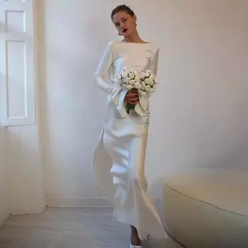 Новое элегантное и изящное однотонное атласное платье с открытой спиной, высоким разрезом и расклешенными рукавами с длинными рукавами S