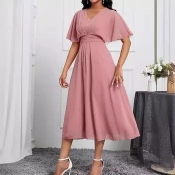 Новое элегантное облегающее женское платье из шифона однотонного цвета с V-образным вырезом и короткими рукавами S розовый