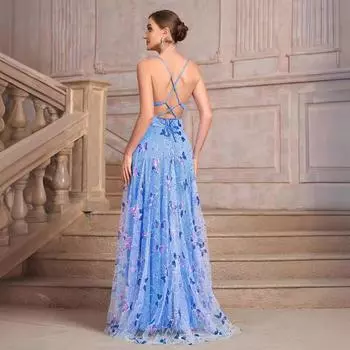 Новое элегантное облегающее женское платье с V-образным вырезом, расшитое пайетками, с разрезом на бретелях S синий