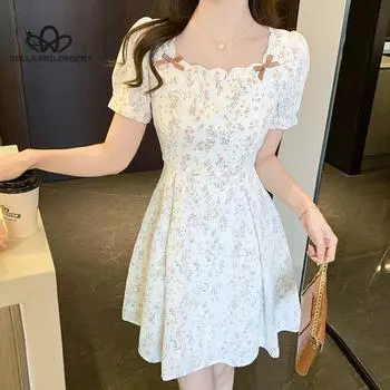 Новое элегантное платье с цветочным принтом во французском стиле, шикарное платье с пышными рукавами и квадратным вырезом, женское повседневное элегантное короткое пляжное платье S белый