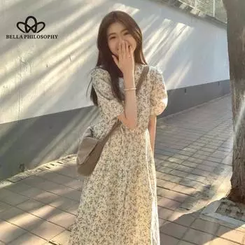 Новое элегантное платье с цветочным принтом для морского отдыха Platycodon Grandiflorum, длинное французское платье для чая во французском стиле для женщин S бежевый