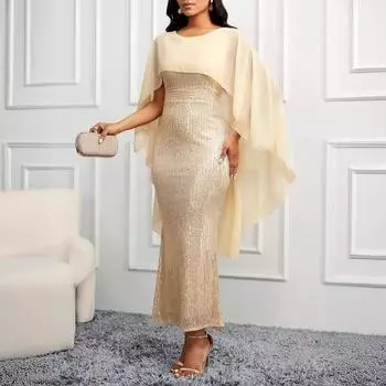 Новое элегантное вечернее платье из шифона с рукавами-шалькой, однотонное, с пайетками, облегающее, с запахом на бедрах S абрикосовый