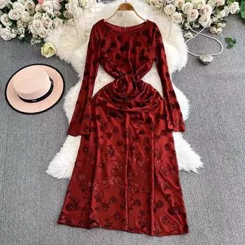 Новое элегантное весеннее красное блестящее бархатное платье с цветочным принтом для вечеринок для женщин с круглым воротником и расклешенными рукавами, платье-халат А-силуэта S чёрный