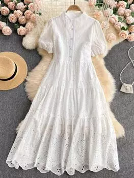 Новое элегантное вышитое поло с рукавами-фонариками, свободное бохо-платье для отпуска, повседневные платья для женщин One Size чёрный