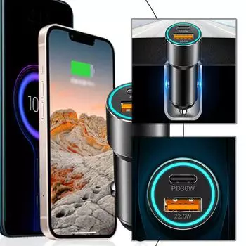 Новое автомобильное зарядное устройство PD30W+QC22.5W из сплава для быстрой зарядки телефонов планшетов автомобильных аксессуаров для интерьера W3T5 чёрный