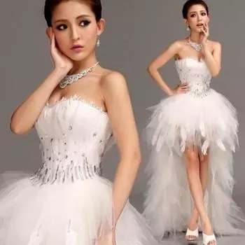 Новое БЕЛОЕ асимметричное свадебное платье принцессы без бретелек с перьями XS белый