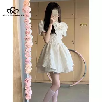 Новое белое пышное платье в китайском стиле с бантом, женское летнее дизайнерское двухслойное платье с объемными рукавами и талией S бежевый