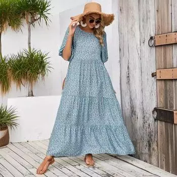 Новое ближневосточное платье свободного кроя с круглым вырезом и рукавами среднего размера в стиле ретро с цветочным принтом для женщин S светло-синий