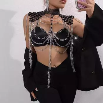 Новое боди нагрудная цепочка халтер сексуальный ручной работы металлический жемчужный бижутерия маленький топ XS чёрный