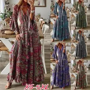 Новое богемное праздничное платье с расклешенными рукавами и принтом, v-образным вырезом и высокой талией, женское платье макси с фрагментарным цветком XXXXXL красный