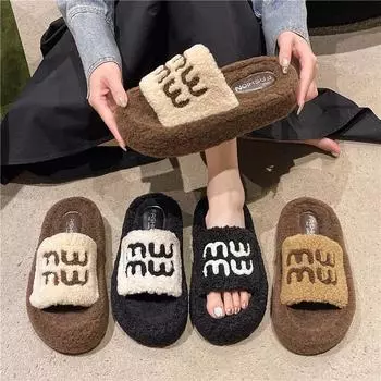 Новое буквенное слово Мао Мао перетаскивание женщин Интернет знаменитости осень и зима мягкая подошва домашние хлопковые тапочки корейский рулон плюшевые тапочки женщины 35