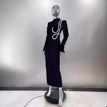 Новое черное платье с ромбовидной отделкой и длинными рукавами, длинное бандажное платье, темпераментное вечернее платье для тостов, повседневная вечерняя одежда для женщин S чёрный