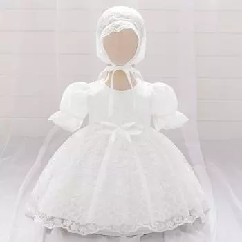 Новое детское кружевное крестильное платье с шапочкой - пышная юбка принцессы в стиле вестерн 9-12 Months