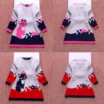 Новое детское осеннее теплое кружевное детское платье с длинными рукавами и принтом лисы для девочек 90cm