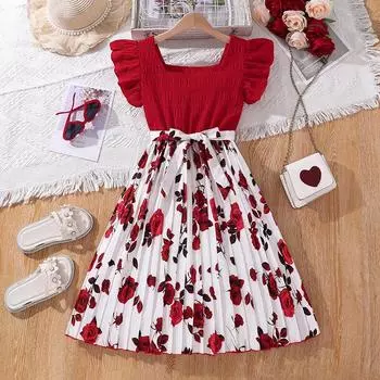 Новое детское платье для девочек, летняя детская юбка с короткими рукавами и лоскутным принтом, От 6 до 12 лет 130cm красный