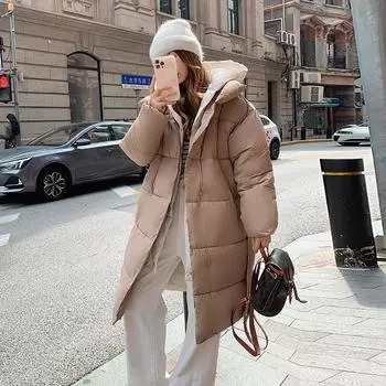 Новое длинное тонкое холодное и теплое модное пуховое зимнее пальто с капюшоном M чёрный