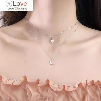 Новое двухслойное ожерелье из стерлингового серебра 925 пробы со звездой и луной для женщин, цепочка на ключицу, ювелирные украшения для вечеринки, свадьбы, аксессуары серебряный