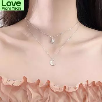 Новое двухслойное ожерелье из стерлингового серебра 925 пробы со звездой и луной для женщин, цепочка на ключицу, ювелирные украшения для вечеринки, свадьбы, аксессуары серебряный