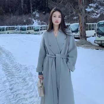 Новое двухстороннее кашемировое пальто ручной работы для женщин, зимнее шерстяное пальто средней длины из высококачественной шерсти XS светло-синий