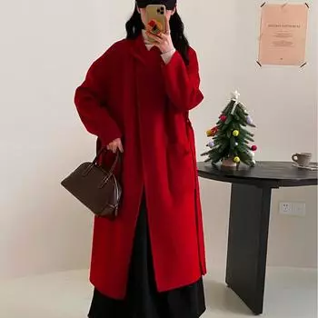 Новое двухстороннее шерстяное пальто, длинное свободное повседневное шерстяное пальто в китайском стиле S красный