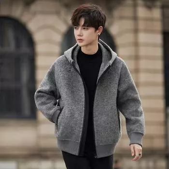 Новое двухстороннее шерстяное пальто с капюшоном, мужская повседневная однотонная свободная шерстяная куртка, шерстяное короткое пальто, тренд S светло-серый