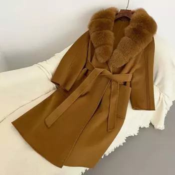 Новое двухстороннее шерстяное пальто с воротником из лисьего меха для женщин, высококачественное решение для невысоких людей, большой размер, простое шерстяное пальто для женщин S хаки