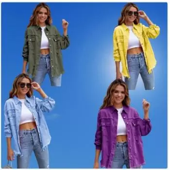 Новое джинсовое пальто средней длины с перфорацией и прорезями для женщин на осень и зиму с длинными рукавами, повседневный топ с отложным воротником S чёрный