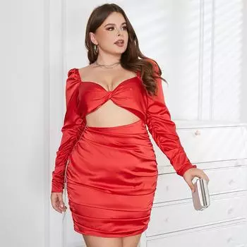 Новое европейское и американское модное и темпераментное женское платье большого размера, плиссированное вечернее платье с открытой спиной и длинными рукавами. XL красный