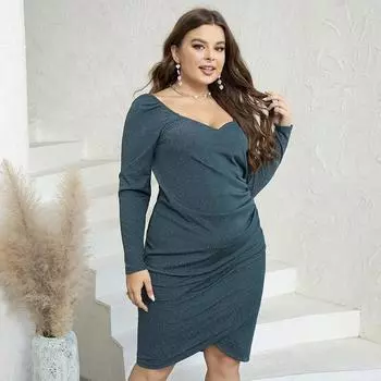 Новое европейское и американское модное сексуальное женское платье большого размера с термоусадочными складками и серебряным платьем с длинными рукавами Fat Sister XL тил синий