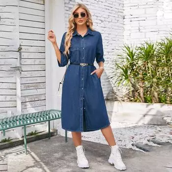 Новое европейское и американское повседневное джинсовое платье с короткими рукавами и длинными юбками в тренде S синий