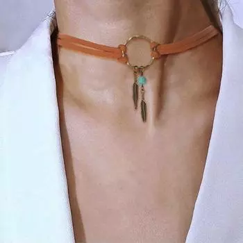 Новое европейское и американское ретро-колье-колье, древняя бронзовая подвеска в виде листьев, кожаное кольцо с геометрическим рисунком, цепочка на ключицу