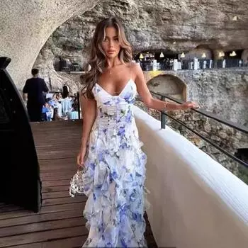 Новое европейское и американское женское платье с открытыми плечами, модное шифоновое принтованное вечернее платье в стиле феи S синий
