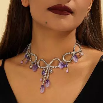 Новое фиолетовое ожерелье с кисточками и бантом, модное ожерелье с подвеской в виде цветов и листьев, инкрустированное бриллиантами, для дам, свадебных вечеринок, подарков
