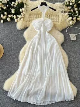 Новое французское летнее элегантное модное длинное платье для женщин, однотонное плиссированное облегающее вечернее платье с запахом на груди, женское повседневное шикарное уличное платье S белый