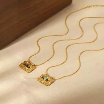 Новое французское ретро-колье с квадратной подвеской «Дьявольский глаз» из 18-каратного золота и нержавеющей стали с цирконием