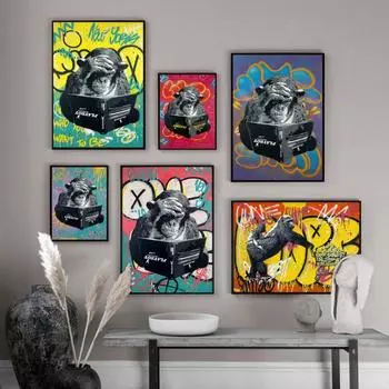Новое граффити, искусство Бэнкси, печать на холсте, мыслящая обезьяна, настенная живопись, постер, офис, гостиная, коридор, украшение для дома, фреска без рамки 21*30cm
