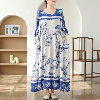 Новое хлопковое атласное платье с коротким рукавом больших размеров в винтажном стиле с цветочным принтом для женщин, повседневное свободное длинное летнее платье