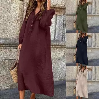 Новое хлопковое и льняное однотонное длинное платье с V-образным вырезом и пуговицами S