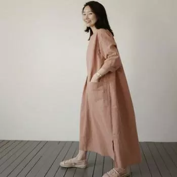 Новое хлопковое и льняное платье, женская средняя длина, корейский стиль, свободная, большого размера, большой карман, льняная повседневная юбка S бежевый