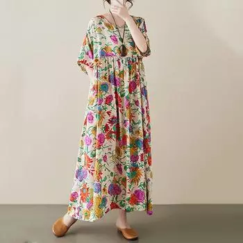 Новое хлопковое платье больших размеров с коротким рукавом и цветочным принтом для женщин, повседневное свободное длинное летнее платье абрикосовый