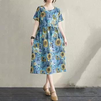 Новое хлопковое платье больших размеров с коротким рукавом и цветочным принтом для женщин, повседневное свободное длинное летнее платье M синий