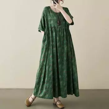 Новое хлопковое платье больших размеров с коротким рукавом и цветочным принтом для женщин, повседневное свободное длинное летнее платье зелёный